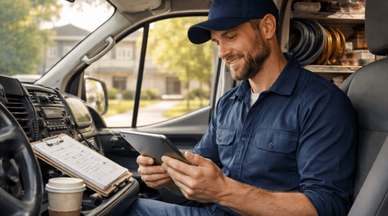 service tech using tablet in work vehicle. Virtual Assistant for Field Service